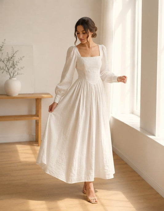 Riley White Linen Midi Dress