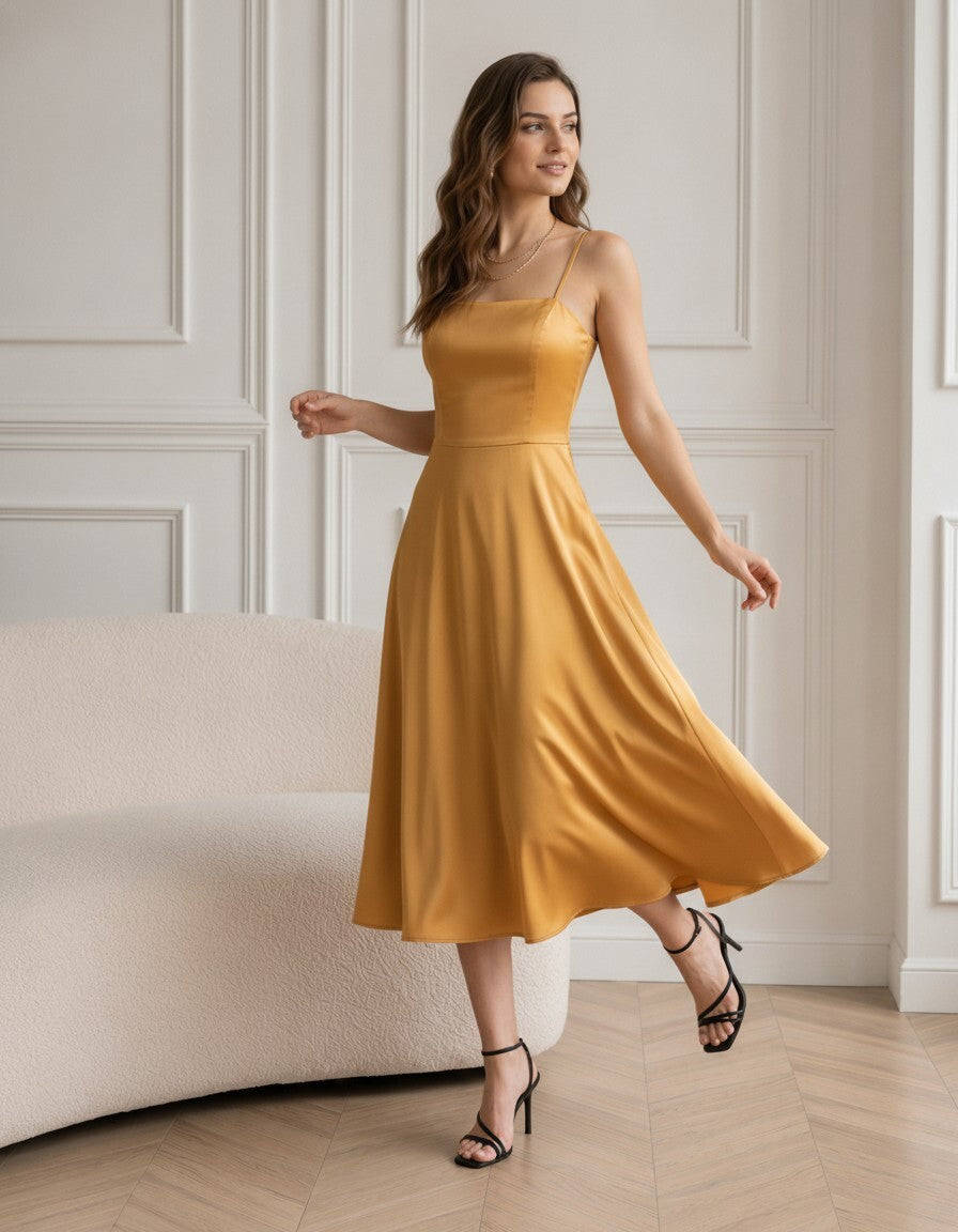 Elegant Spaghetti Strap Midi Dress, Satin A Line Dress, Minimalist Occasion Dress for Women