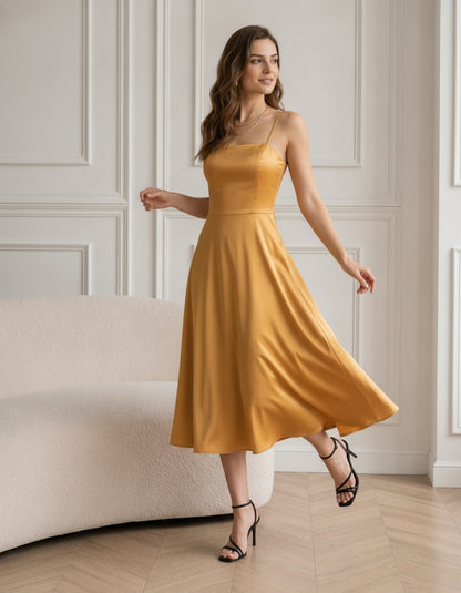 Elegant Spaghetti Strap Midi Dress, Satin A Line Dress, Minimalist Occasion Dress for Women