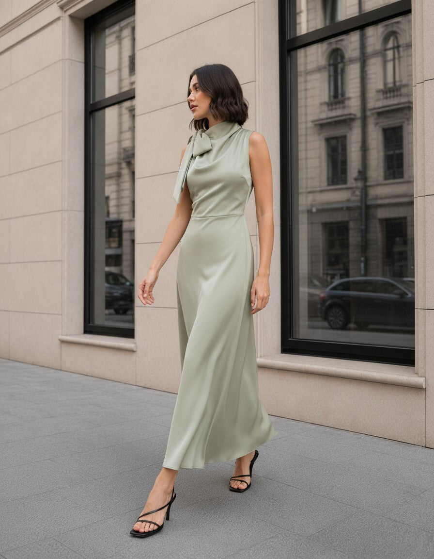 Satin Bow Neck Midi Dress, Elegant Sleeveless Wedding Guest Dress, Formal Party Dress