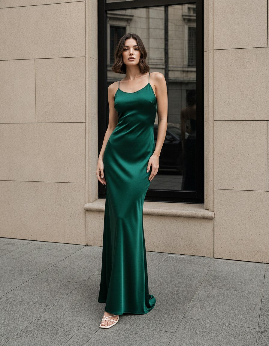 Satin Spaghetti Strap Maxi Dress, Open Back Formal Gown, Minimal Bridal Evening Dress
