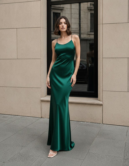 Satin Spaghetti Strap Maxi Dress, Open Back Formal Gown, Minimal Bridal Evening Dress