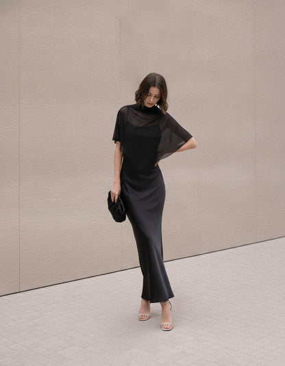 Elegant Silk Maxi Gown, Sheer Shoulder Cape Dress, Minimal Wedding Guest Dress