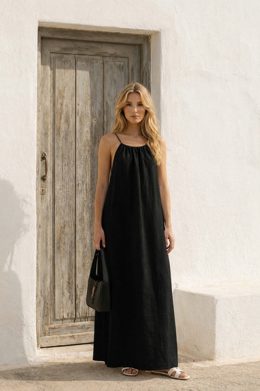Midnight Backless Maxi Linen Dress