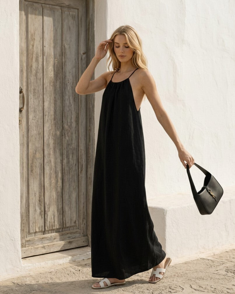 Midnight Backless Maxi Linen Dress