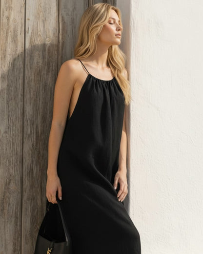 Midnight Backless Maxi Linen Dress