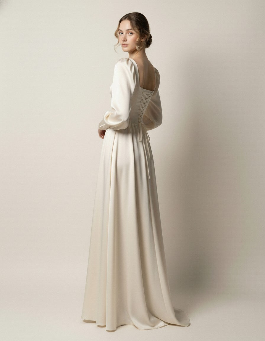 Ivory Silk Wedding Dress with Square Neck and Long Sleeves, Soft Satin Bridal Gown, Romantic Regency Wedding Dress