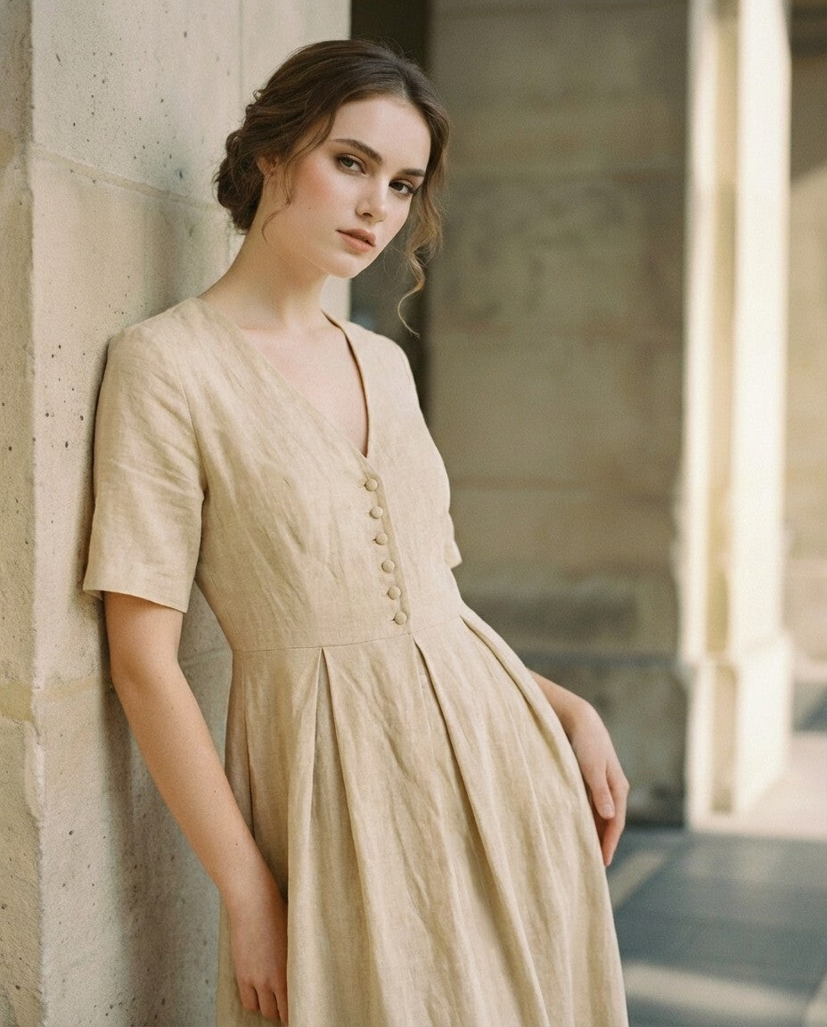 Linen Midi Dress, V Neck Button Front Dress, Short Sleeve A Line Dress, Elegant Vintage Linen Dress