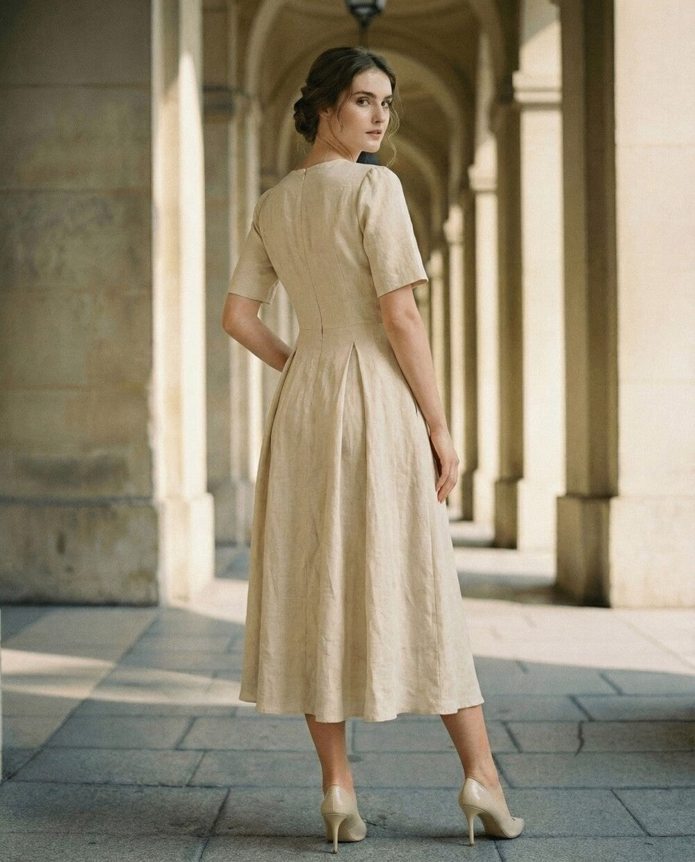Linen Midi Dress, V Neck Button Front Dress, Short Sleeve A Line Dress, Elegant Vintage Linen Dress