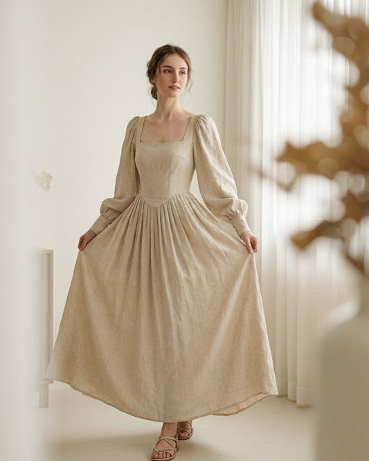 Romantic Linen Regency Dress, Puff Sleeve Prairie Maxi Dress, Square Neck Cottagecore Linen Long Dress