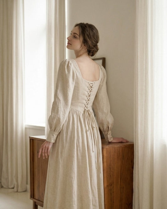Romantic Linen Regency Dress, Puff Sleeve Prairie Maxi Dress, Square Neck Cottagecore Linen Long Dress