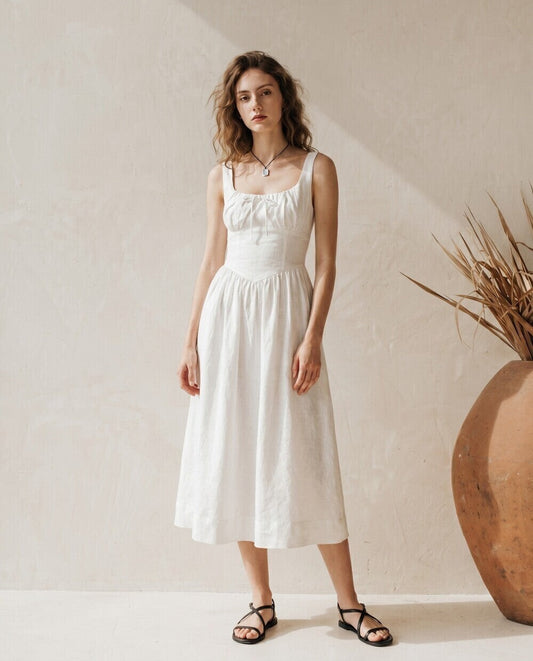 Raven White Linen Midi Dress