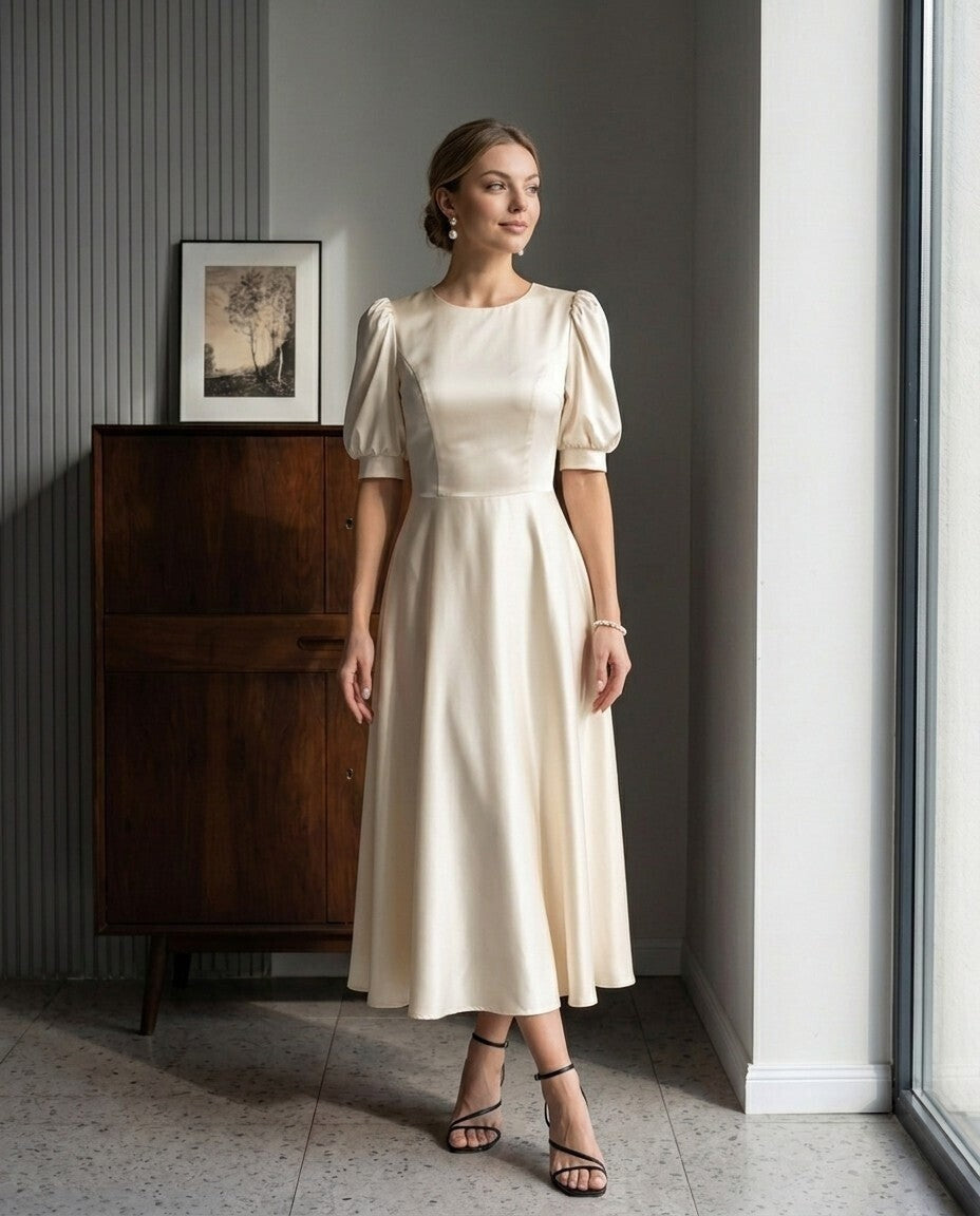 Elise Puff-Sleeve Silk Midi Dress