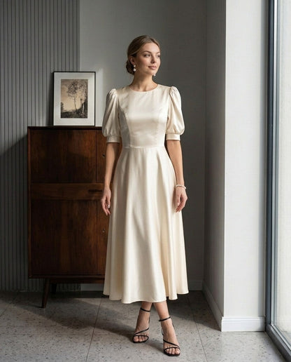 Elise Puff-Sleeve Silk Midi Dress