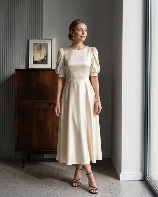 Elise Puff-Sleeve Silk Midi Dress