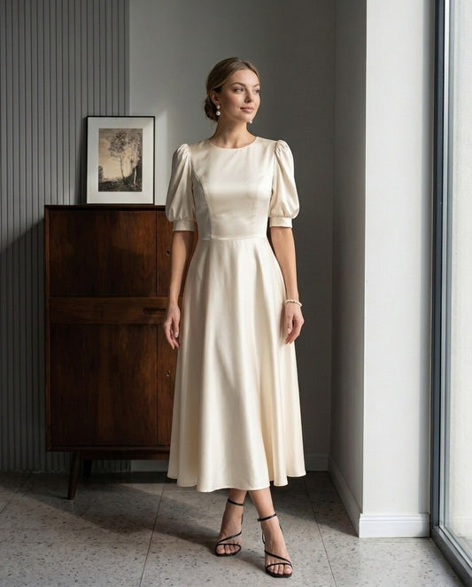 Ivory Satin Midi Dress for Women, Puff Sleeve A Line Dress, Elegant Wedding Guest Dress