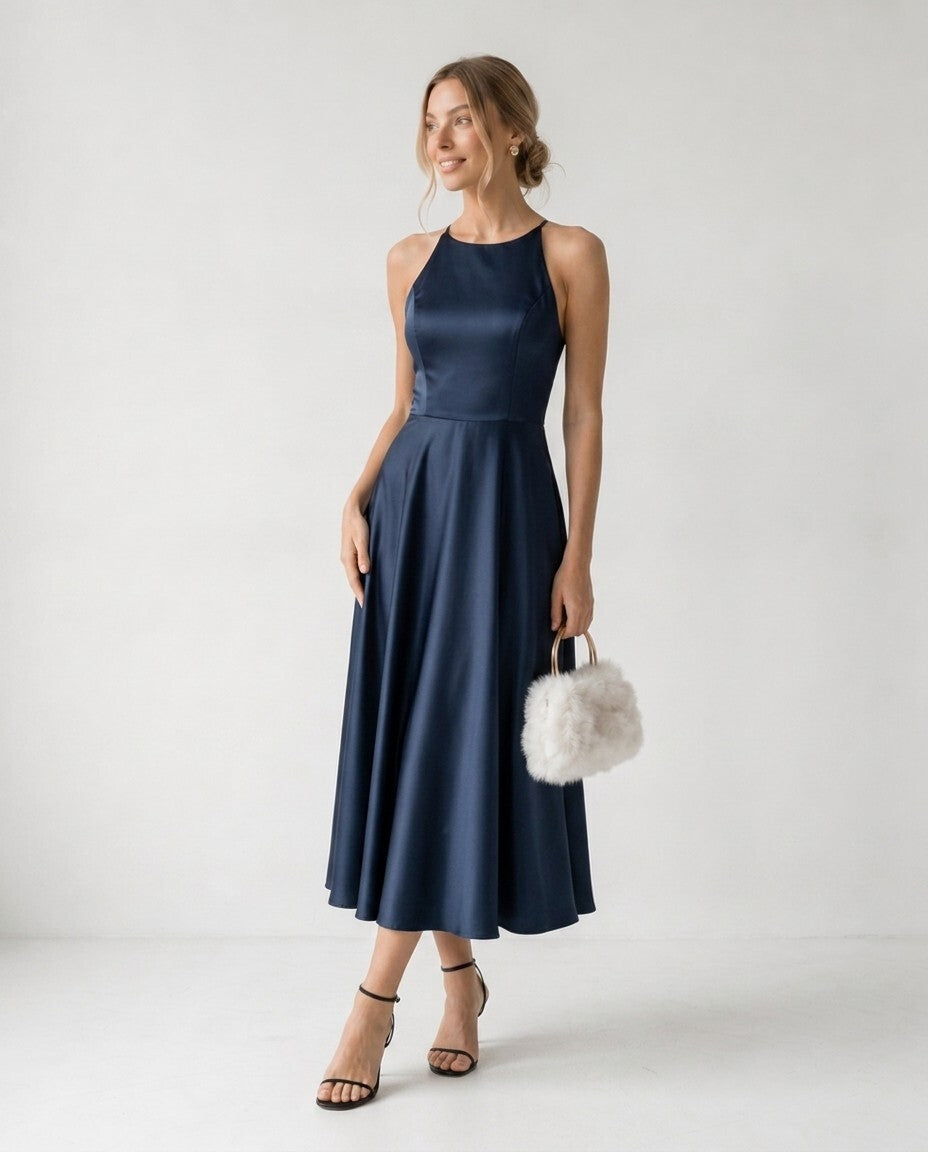 Sleeveless Satin A Line Midi Dress, High Neck Wedding Guest Dress, Elegant Formal Party Dress for Women