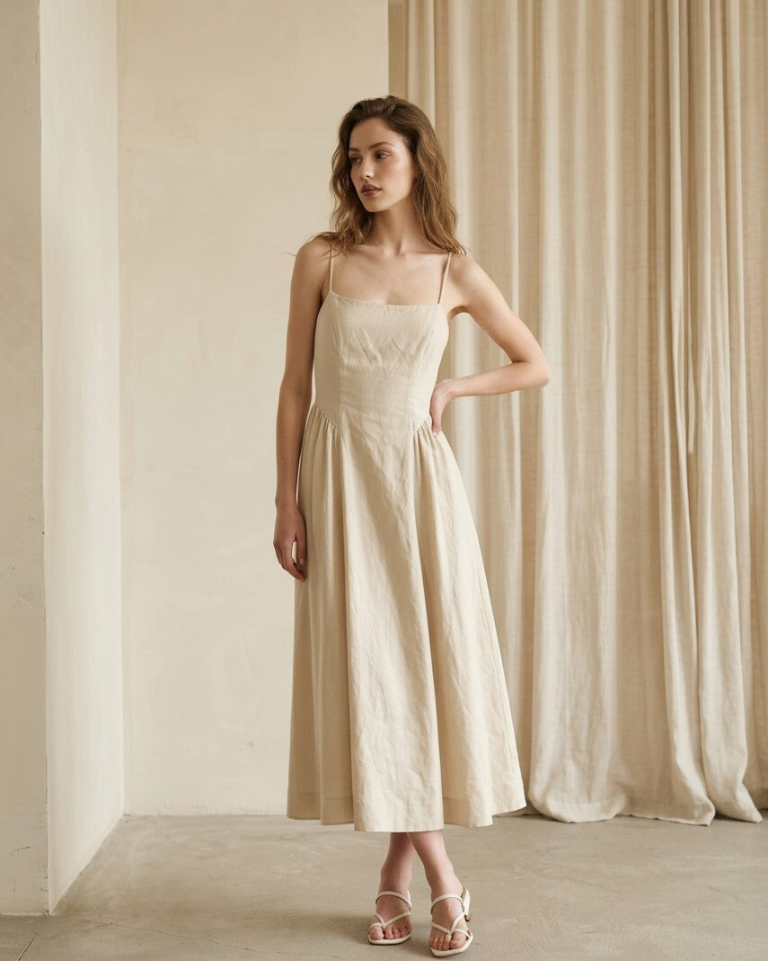 Natural Linen Midi Dress, Spaghetti Strap Open Back Dress, Square Neck A Line Dress, Minimalist Vacation Outfit