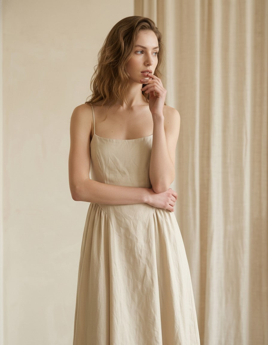Natural Linen Midi Dress, Spaghetti Strap Open Back Dress, Square Neck A Line Dress, Minimalist Vacation Outfit