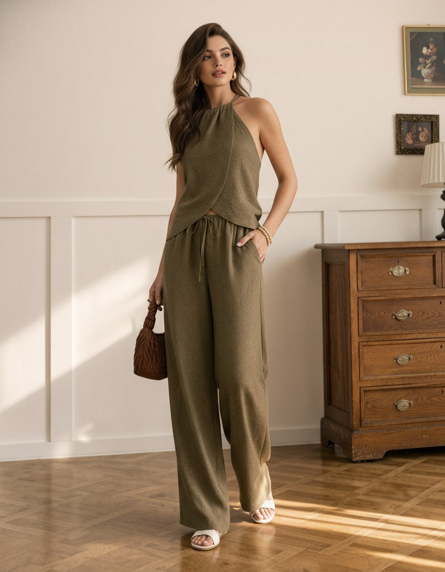 Linen Halter Top and Pants Set, Minimal Two Piece Outfit, Wide Leg Linen Trousers, Elegant Neutral Co Ord