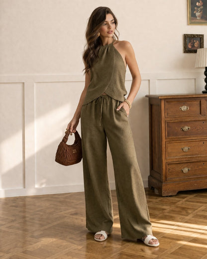 Linen Halter Top and Pants Set, Minimal Two Piece Outfit, Wide Leg Linen Trousers, Elegant Neutral Co Ord