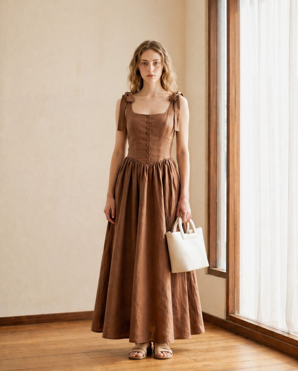 Linen Corset Maxi Dress, Bow Strap Button Front Dress, Low Back Romantic Dress, Vacation Engagement Outfit