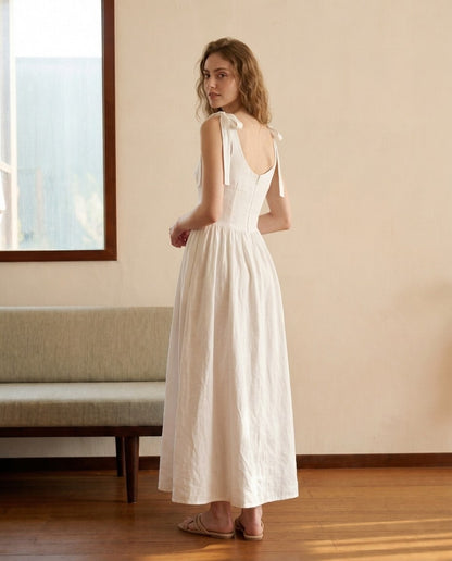 Linen Corset Maxi Dress, Bow Strap Button Front Dress, Low Back Romantic Dress, Vacation Engagement Outfit