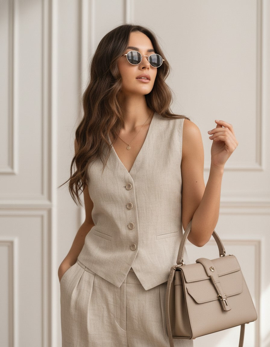 Natural Linen Two Piece Set, Linen Vest and Wide Leg Pants, Minimal Tailored Linen Outfit, Elegant Matching Set