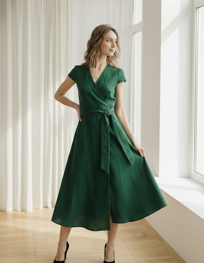 Emerald Green Linen Midi Dress, Wrap V Neck Dress, Tie Waist A Line Dress, Short Sleeve Elegant Summer Dress