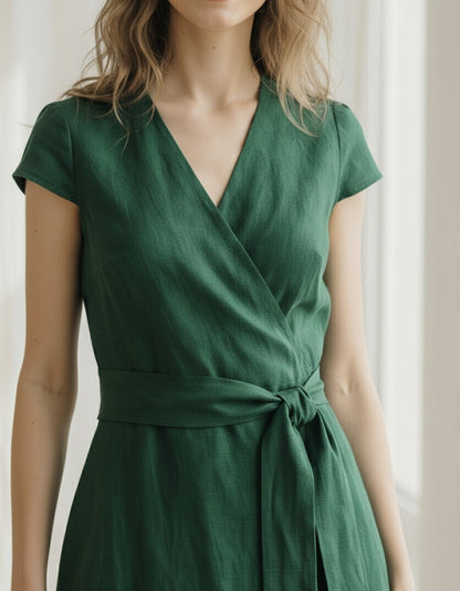 Emerald Green Linen Midi Dress, Wrap V Neck Dress, Tie Waist A Line Dress, Short Sleeve Elegant Summer Dress