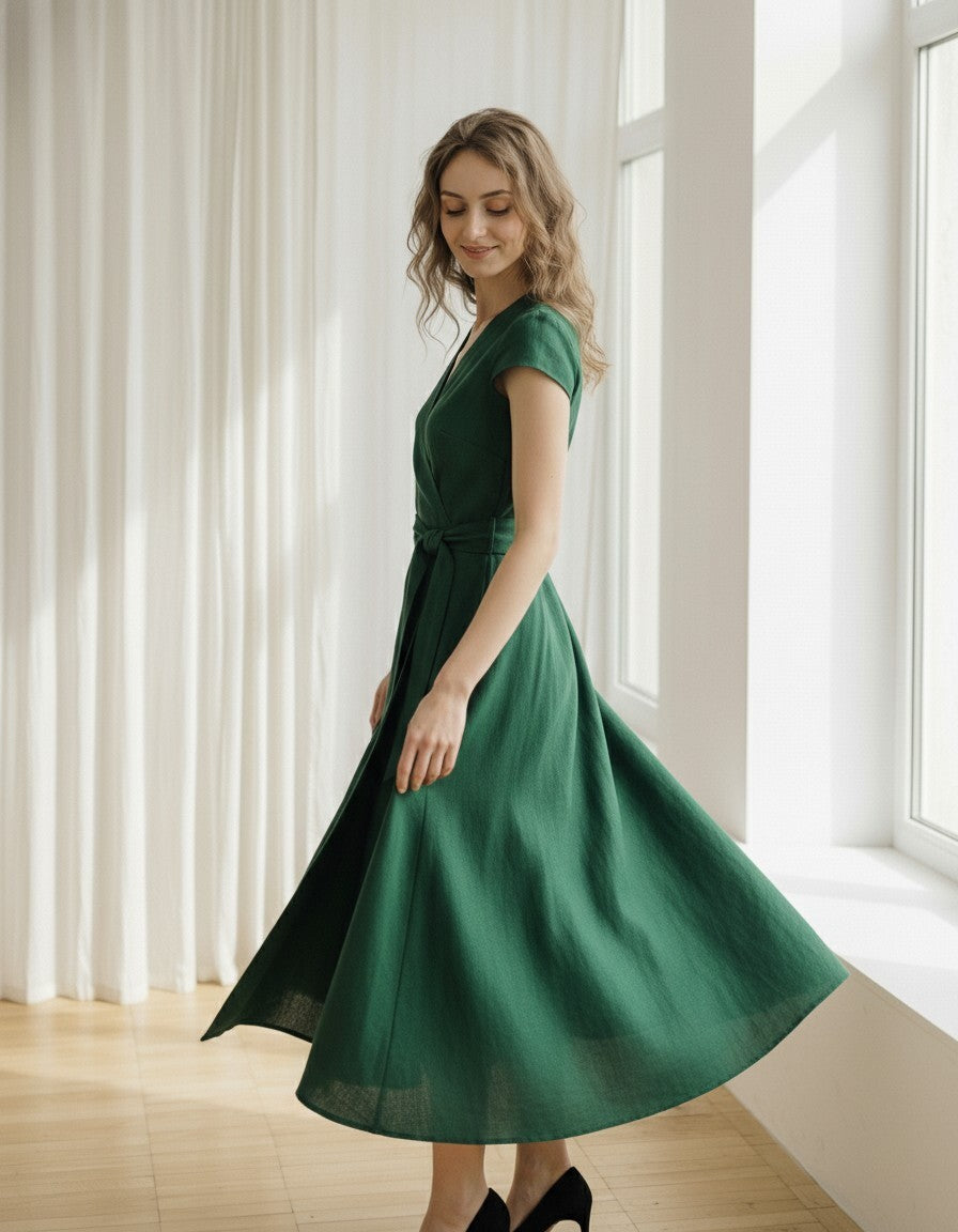 Emerald Green Linen Midi Dress, Wrap V Neck Dress, Tie Waist A Line Dress, Short Sleeve Elegant Summer Dress