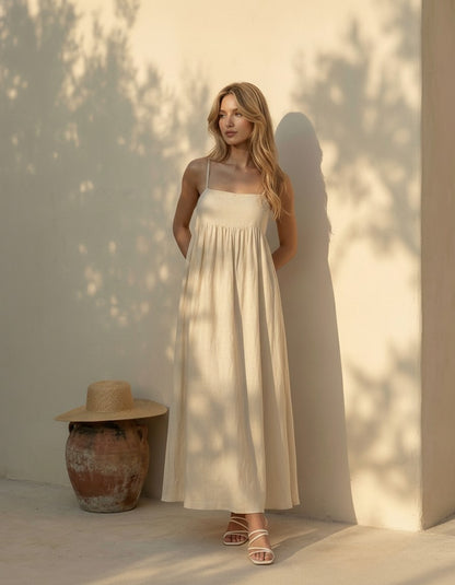 Backless Linen Maxi Dress, Tie Back Linen Dress, Empire Waist Linen Summer Dress, Romantic Linen Dress