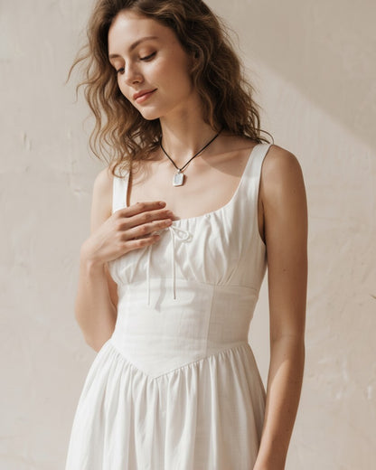White Linen Midi Dress, Ruched Bust Sundress, Wide Strap Corset Waist Dress, Summer Vacation Dress, Bridal Shower Outfit