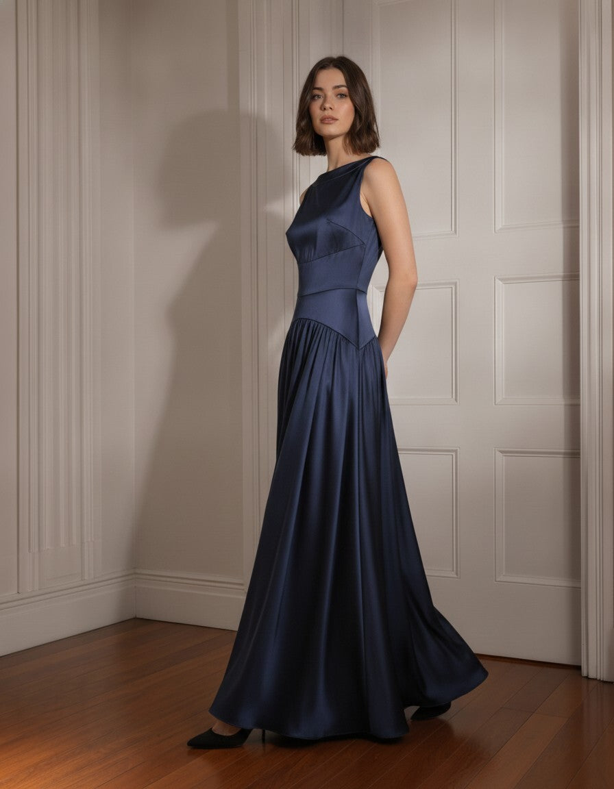 Silk Sleeveless Gown, V Back Satin Wedding Dress, Elegant Floor Length Dress, Minimalist Bridal Style