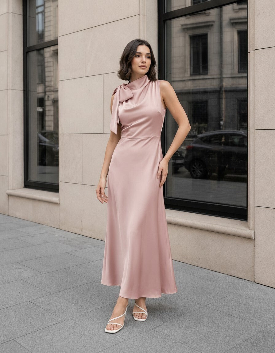 Elara Bow Neck Satin Maxi Dress