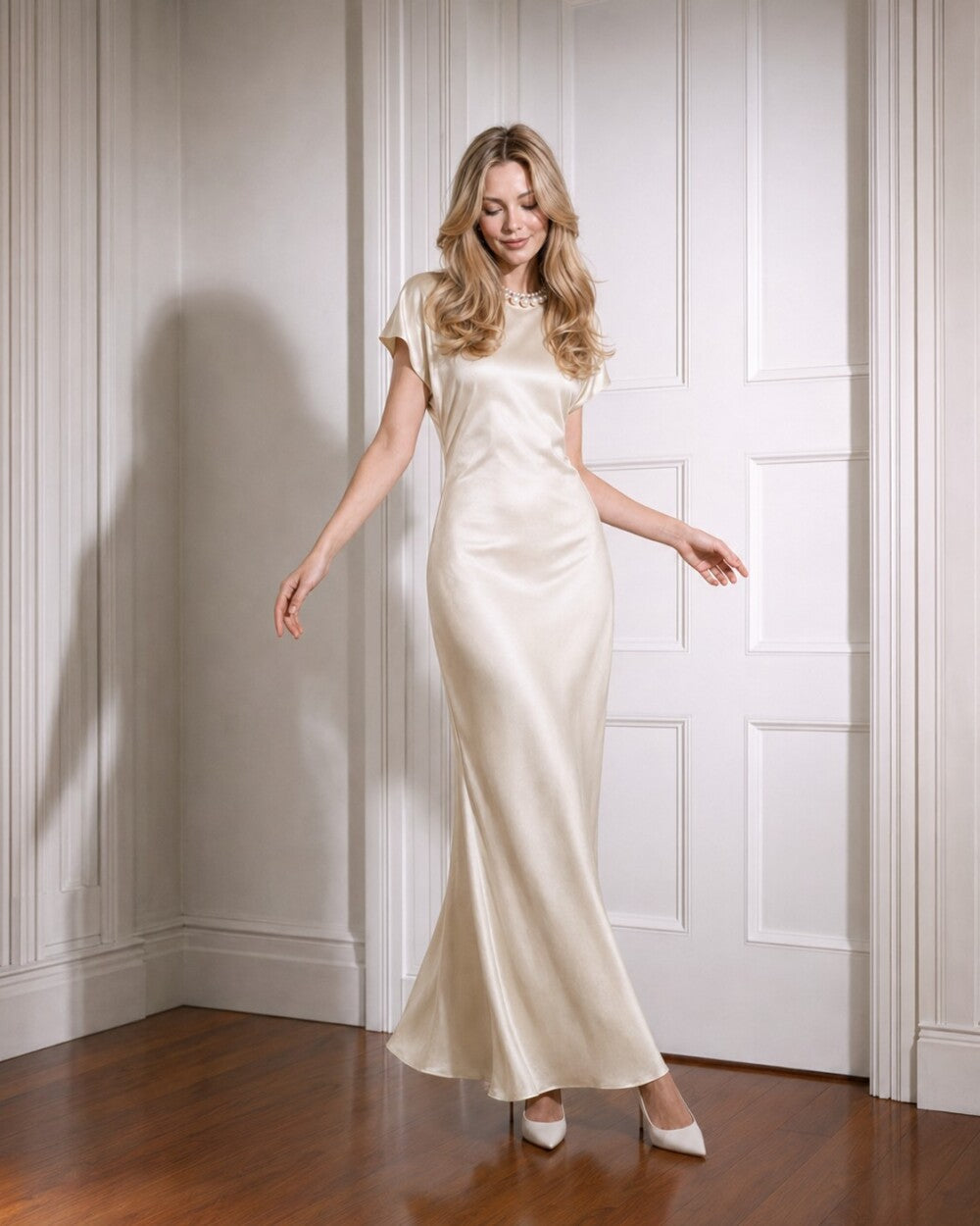 Ivory Silk Maxi Dress with Cap Sleeves, Elegant Bias Cut Evening Gown, Minimalist Bridal and Wedding Guest Dress