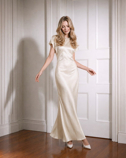 Ivory Silk Maxi Dress with Cap Sleeves, Elegant Bias Cut Evening Gown, Minimalist Bridal and Wedding Guest Dress