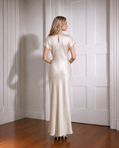 Ivory Silk Maxi Dress with Cap Sleeves, Elegant Bias Cut Evening Gown, Minimalist Bridal and Wedding Guest Dress