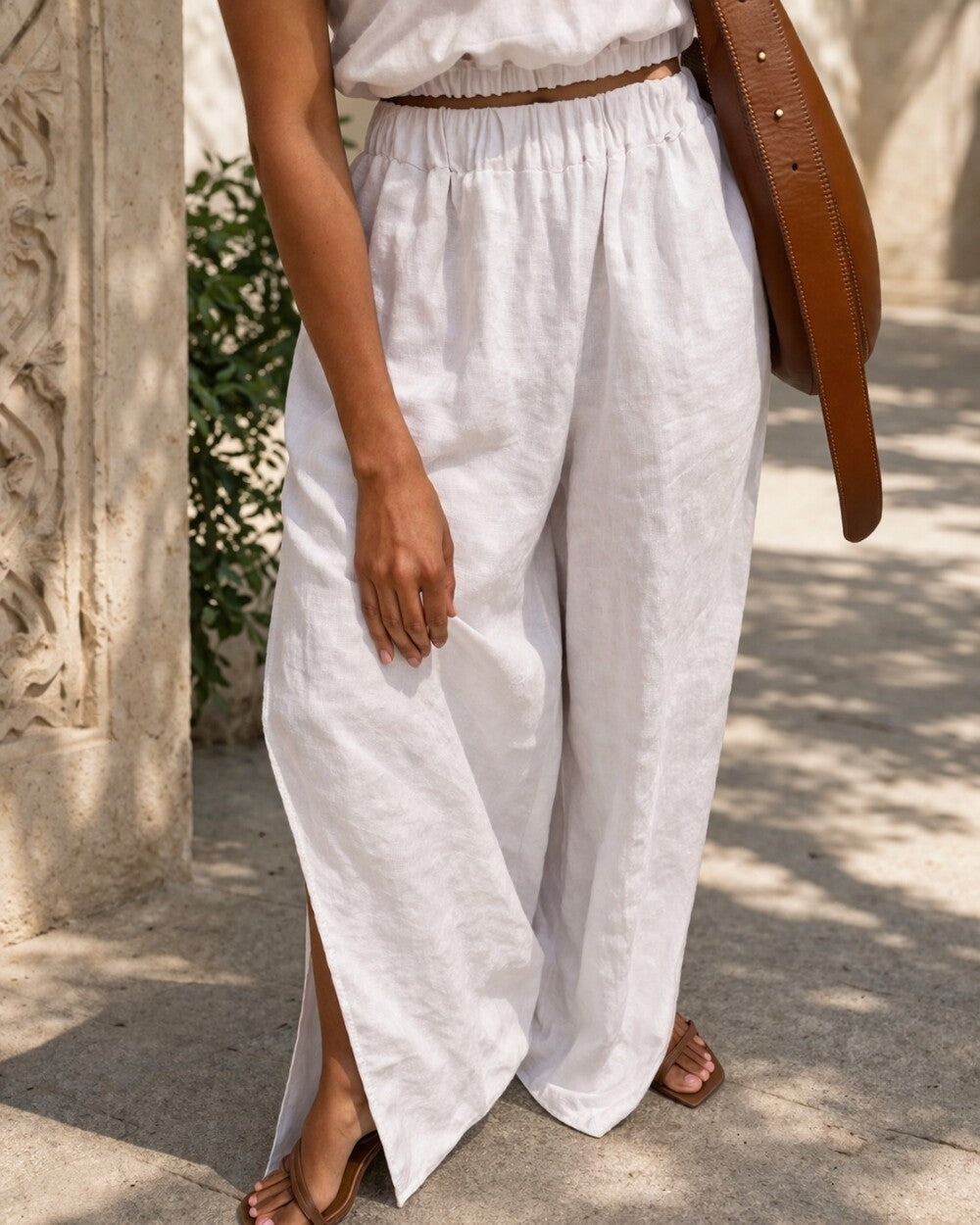 White Linen Two Piece Set, Sleeveless Crop Top and Wide Leg Pants, Slit Linen Trousers, Minimal Summer Outfit
