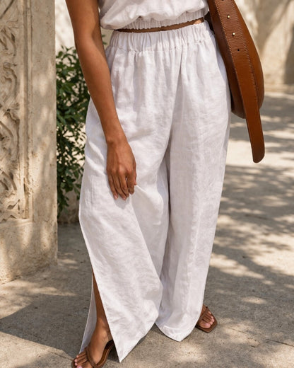 White Linen Two Piece Set, Sleeveless Crop Top and Wide Leg Pants, Slit Linen Trousers, Minimal Summer Outfit