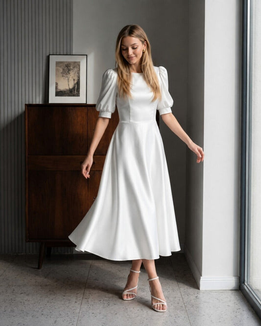 The Elise Puff-Sleeve Silk Midi Dress