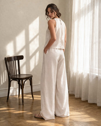 White Linen Two Piece Set, Sleeveless Linen Top and Wide Leg Pants, Minimalist Linen Outfit, Loose Linen Loungewear Set