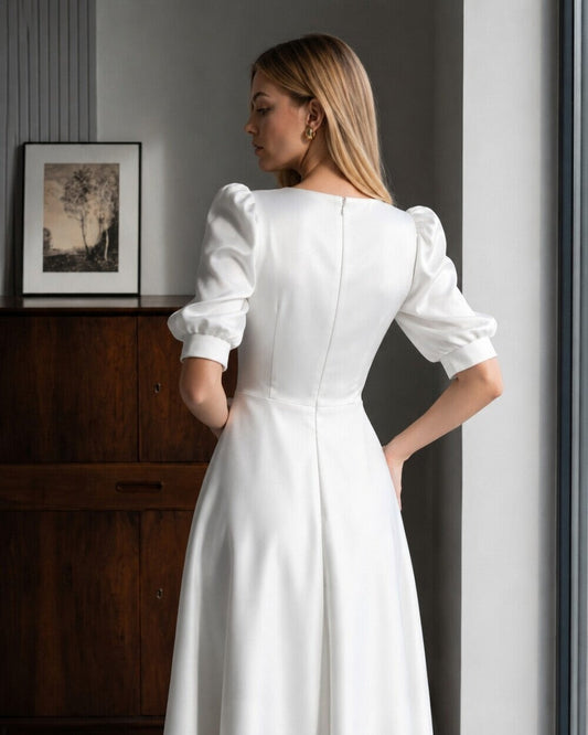 The Elise Puff-Sleeve Silk Midi Dress