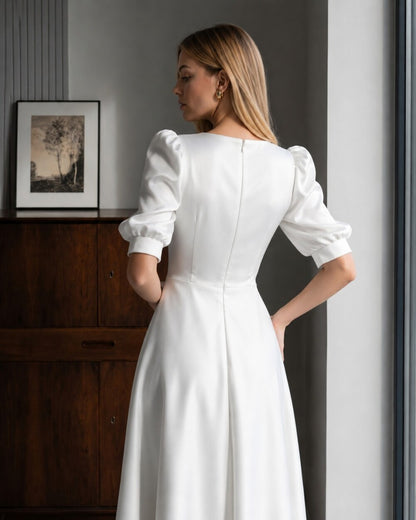 Elegant Puff Sleeve Midi Dress, Satin A Line Dress, Minimalist Occasion Dress for Women