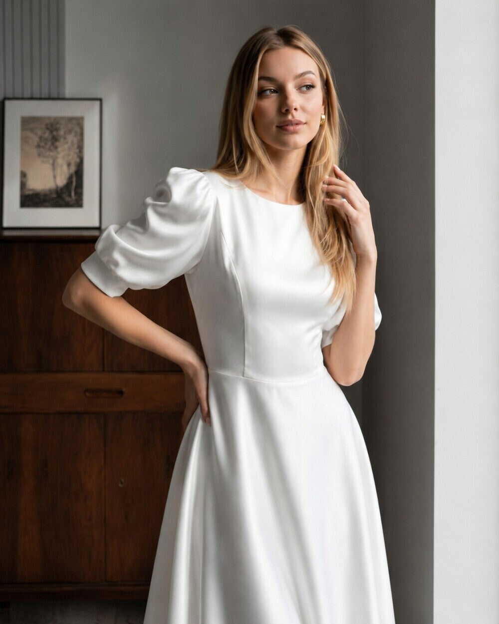 The Elise Puff-Sleeve Silk Midi Dress
