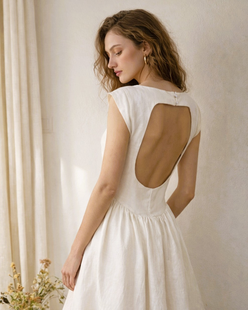 White Linen Midi Dress, Open Back Linen Dress, Cap Sleeve Dress, Fit and Flare Linen Dress, Bridal Shower Dress, Romantic Summer Outfit