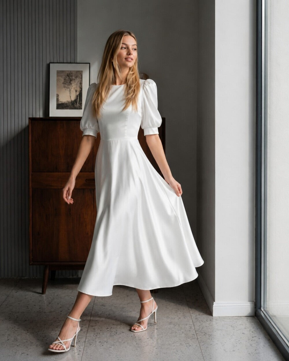 The Elise Puff-Sleeve Silk Midi Dress