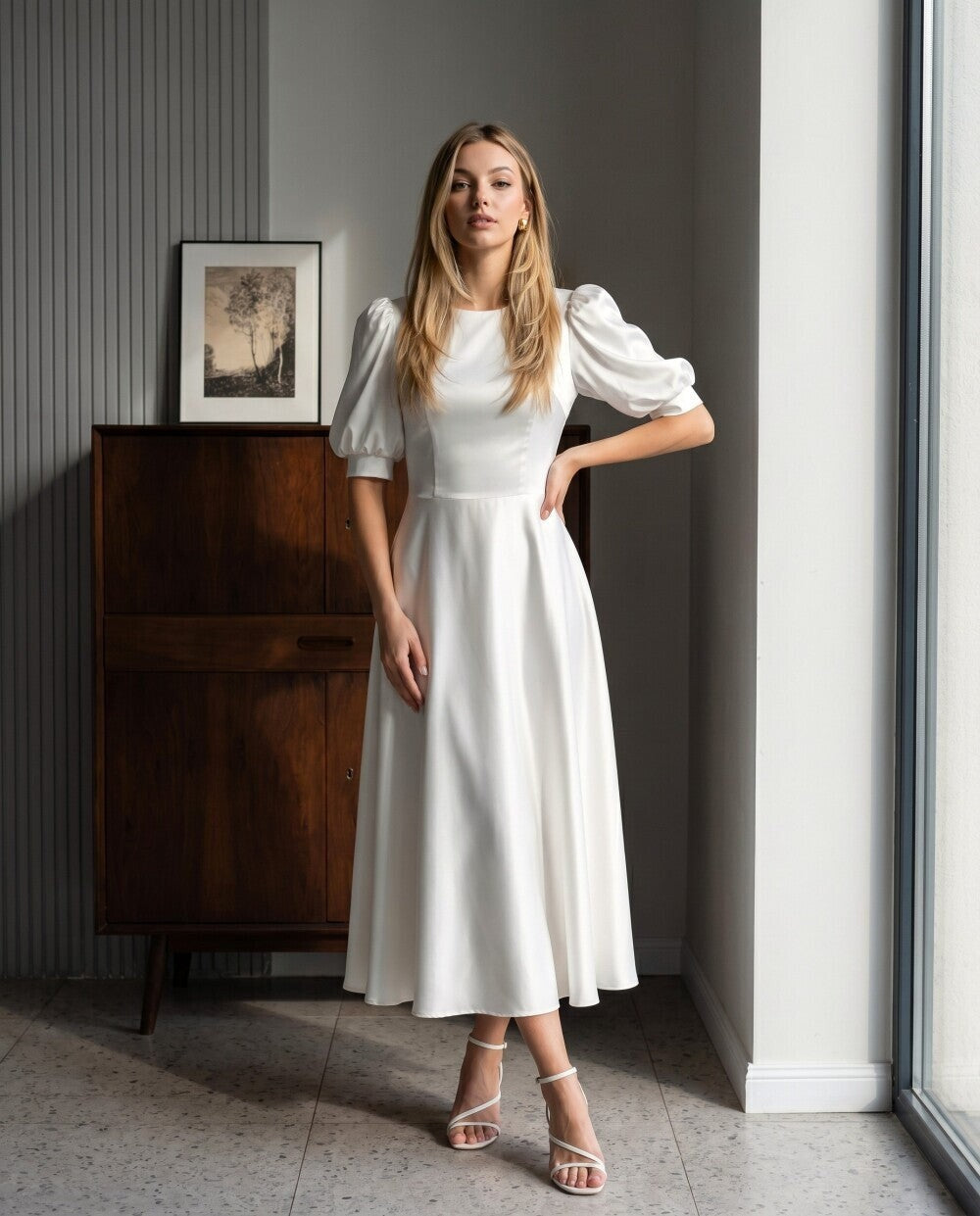 The Elise Puff-Sleeve Silk Midi Dress