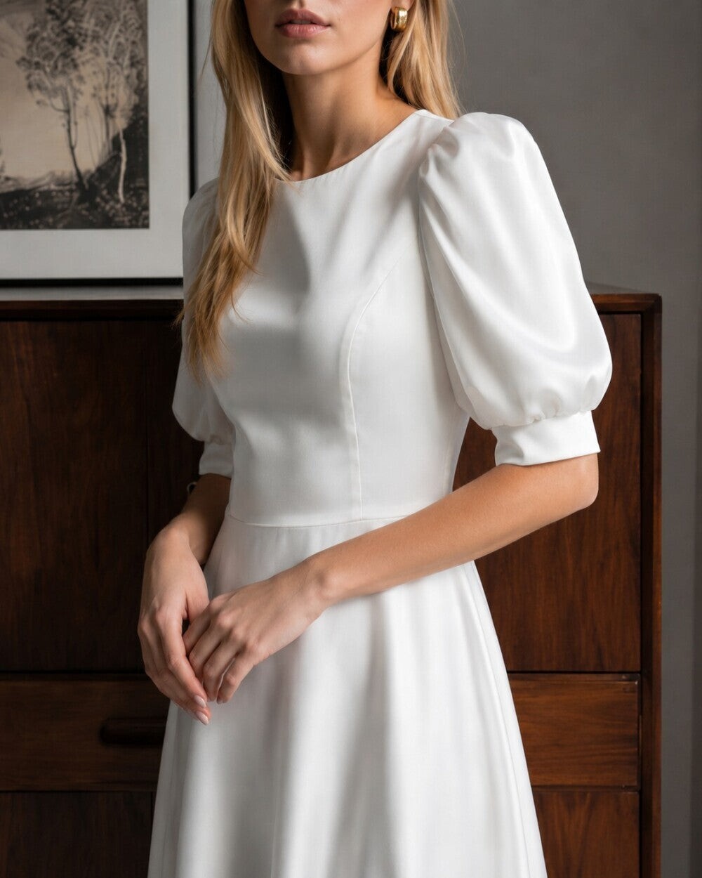 The Elise Puff-Sleeve Silk Midi Dress
