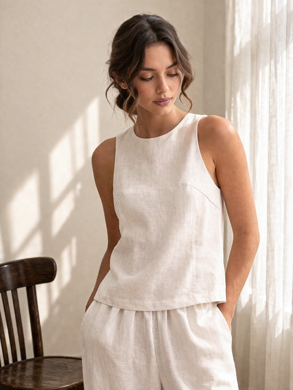 White Linen Two Piece Set, Sleeveless Linen Top and Wide Leg Pants, Minimalist Linen Outfit, Loose Linen Loungewear Set
